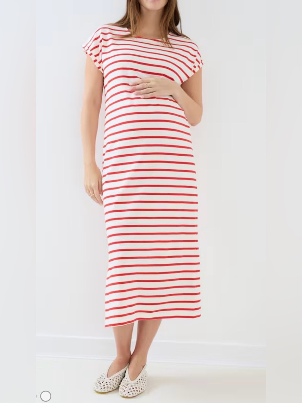 Jojo Bebe Maman Red White 100% Cotton Striped Short Sleeve Midi Dress L